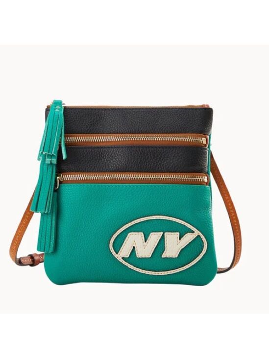 Dooney & Bourke Handbags - New York Jets Dooney & Bourke 3 Zip Pebbled Leather Crossbody Bag Jade $178 NWT